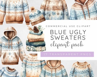 Ugly Christmas Jumper Clipart, Christmas Sweater Clipart, Blue Colour, Hygge Christmas, Christmas Hat Clipart, Watercolour Christmas PNG