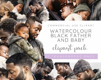 Schwarzer Vater PNG, schwarzes Baby Clipart, Vatertagsclipart, Vater und Sohn, Papas Mädchen, Afroamerikaner Clipart, schwarze Liebe, Aquarell PNG