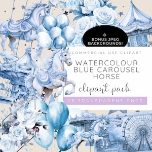 Blaues Karussellpferd Clipart, Aquarell Rummelplatz PNGs, Vintage Karneval Fahrt Illustrationen, Baby Boy Dusche Grafiken, JPEG Hintergründe