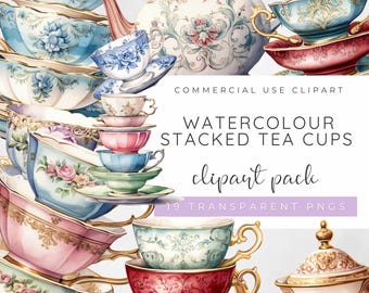 Stacked Tea Cups Clipart, Watercolour Teacup PNGs, Vintage Floral China Illustrations, Afternoon Tea Graphics, Cottagecore High Tea Designs