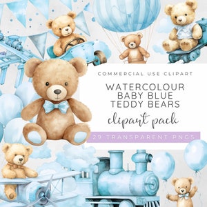 Teddy Bear Clipart Bundle, Baby Bear Clipart, Blue Teddy Bear, Hot Air Balloon Nursery, Teddy Bear Airplane, Watercolour Teddy Bear PNG