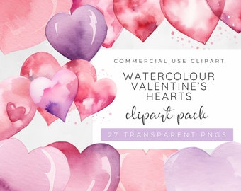May include: A digital clipart pack of 27 watercolor hearts in shades of pink, red, and purple. The hearts are arranged in a semi-circle shape. The text "COMMERCIAL USE CLIPART WATERCOLOUR VALENTINE'S HEARTS clipart pack 27 TRANSPARENT PNGS" is displayed below the hearts.