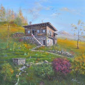 May include: Oil painting depicting a wooden cabin with a stone base, set on a hillside. The scene includes a stream, colourful flowers, and a mountain backdrop. A person is seated on the steps leading up to the cabin. The painting is signed and dated.
