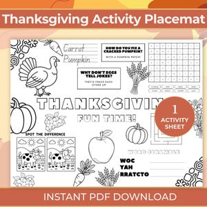 May include: Black and white Thanksgiving activity placemat with a turkey, pumpkins, and a word scramble. Includes the text "Thanksgiving Fun Time!" and "Instant PDF Download."