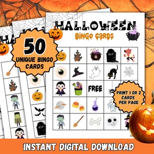 Gioco del bingo di Halloween, gioco stampabile per feste di Halloween, 50 cartelle del bingo uniche, download immediato del PDF digitale, classe, bambini, attività per famiglie