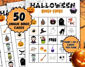 May include: Halloween bingo cards with spooky illustrations, including pumpkins, bats, and ghosts. The cards are printed on white paper with orange accents. The text reads "50 Unique Bingo Cards" and "Instant Digital Download".