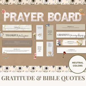 May include: A neutral-toned prayer board with the words "PRAYER BOARD" at the top. The board features Bible verses and phrases like "THANKFUL for his grace" and "GRATEFUL for every blessing." Floral and butterfly accents add a decorative touch. The words "NEUTRAL COLORS" are also visible.