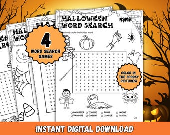 May include: A stack of Halloween-themed word search games. The pages feature illustrations of pumpkins, spiders, and ghosts. The text includes "Halloween Word Search" and "Color in the Spooky Pictures!" with the words "Instant Digital Download".