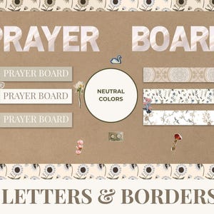Puede incluir: Diseño en tonos neutros con las palabras "PRAYER BOARD" en una fuente decorativa. La imagen incluye bordes florales, etiquetas decorativas y el texto "LETTERS & BORDERS". La paleta de colores es suave y apagada.