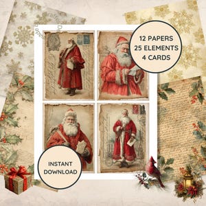 Victoriaanse kerst ephemera afdrukbare junk Journal Kit, vintage kerstpagina's, antieke kerstman ansichtkaarten, scrapbook papier set, instant download