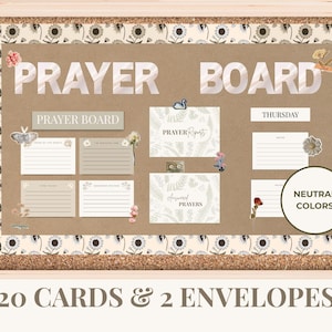 Puede incluir: Un tablón de oración de corcho con las palabras "PRAYER BOARD" en letras grandes. El tablero incluye tarjetas para notas y oraciones respondidas, decoradas con detalles florales. El marco es de madera clara con un borde floral. El texto "20 CARDS & 2 ENVELOPES" está en la parte inferior.
