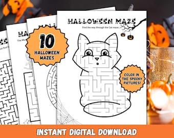Pode incluir: Um conjunto de páginas de atividades de labirintos com tema de Halloween. A página central apresenta um labirinto em forma de gato com o texto "HALLOWEEN MAZE" e "COLOR IN THE SPOOKY PICTURES!". Um distintivo laranja diz "10 HALLOWEEN MAZES". As palavras "INSTANT DIGITAL DOWNLOAD" estão na parte inferior.