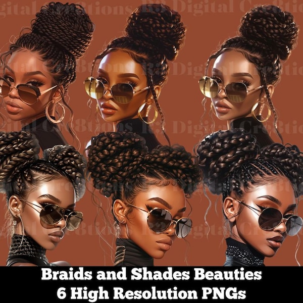 Braids and Shades Beauties Clipart Set, Afro Hair Beauty Digital PNG, Black Woman Portrait Stickers, Stylish Fashion Illustrations Bundle