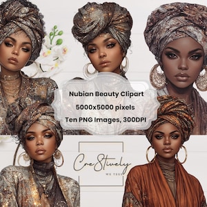 Nubian Beauty Clipart Bundle | 10 PNG African American Women Graphics | Headwrap Queens | High-Resolution Sublimation Art | Digital Download
