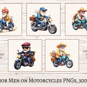 風変わりな髭を生やしたおじいちゃんのクリップアート：多様な老人のデジタルアート、バイクと自転車のPNG、商用利用可、昇華印刷対応、POD対応