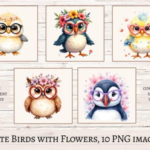 Lot de cliparts oiseaux mignons, macareux avec des fleurs, art numérique oiseau, motifs floraux d'oiseaux, illustrations d'oiseaux aquarelles, motifs par sublimation