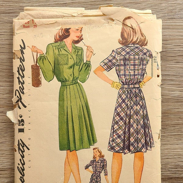 1945 Simplicity Pattern 1192 Two-piece lumber-jacket dress, size 11 bust 29