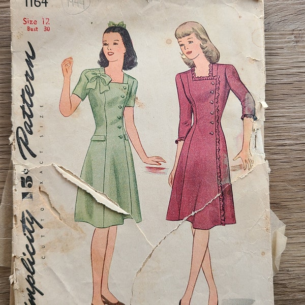 1944 Simplicity Pattern 1164 Teen-Age Dress, size 12 bust 30