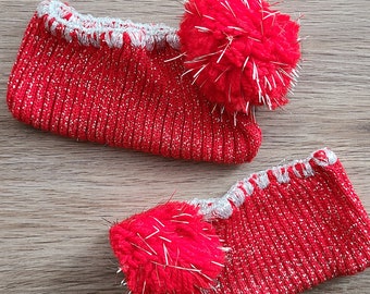 1960s Slipperettes, Red Nylon Knit Slippers, One Size