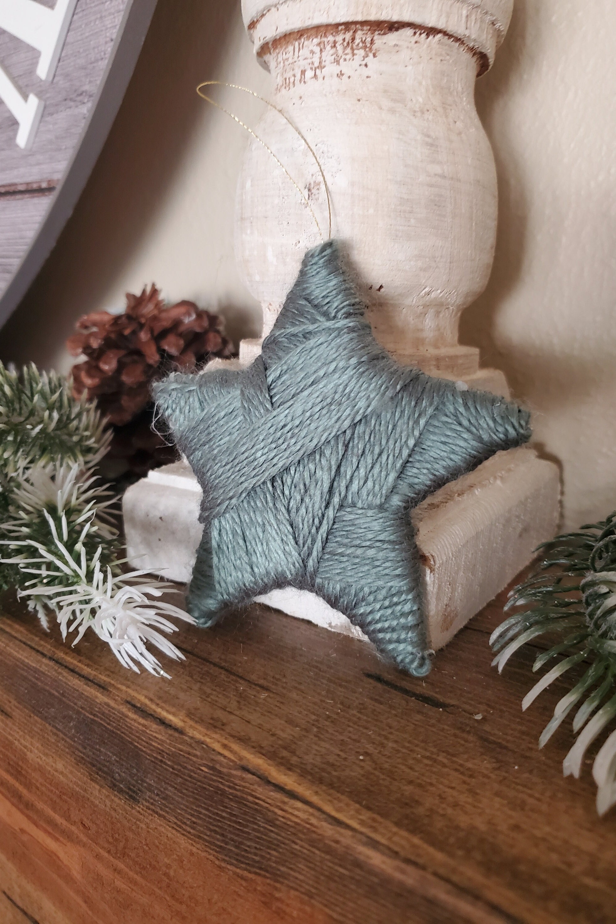 Yarn Christmas Tree Decor With Plaid Ribbon and Rusty Star Topper
