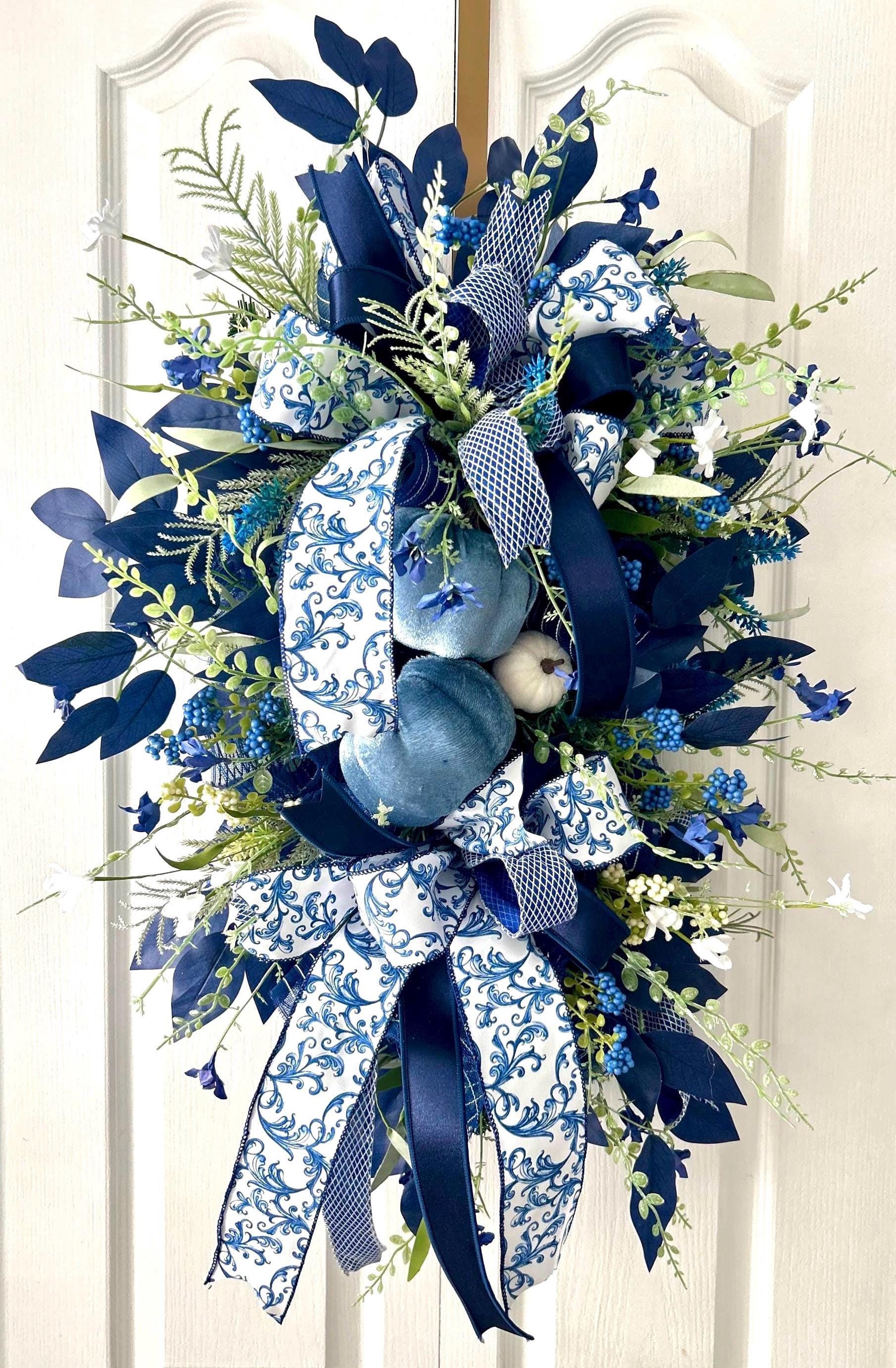 Blue Velvet Pumpkin Fall Swag | Elegant Farmhouse Door Decor - Etsy