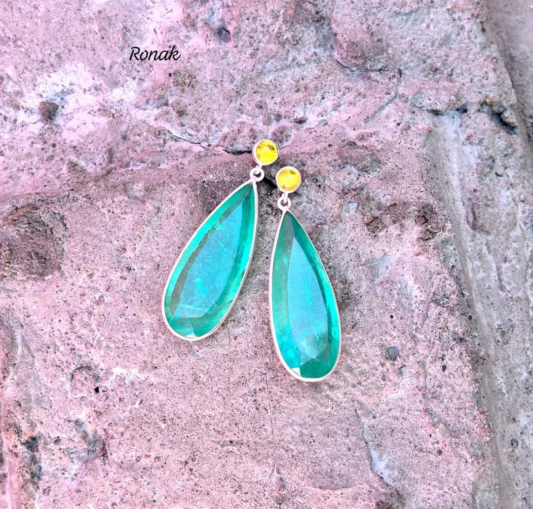 Boucles D'oreilles Argent Sterling 925 Saphirs Et émeraudes - Dormeuses, Style Boucle, Fait Main, Neuf