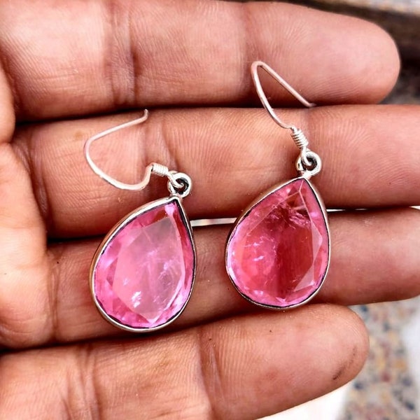 Pink Sapphire Teardrop Earrings in Sterling Silver, Lab Created Sapphire Jewelry, Anniversary Gift for Women, Handmade Gemstone Pink Earring