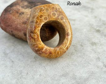 Natural Fossil Coral Ring: Gemstone Cushion Ring