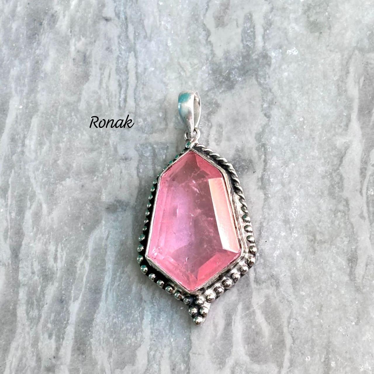 Pendentif Vintage En Morganite Facettée - Fait Main - Plaqué Argent - 2,10"