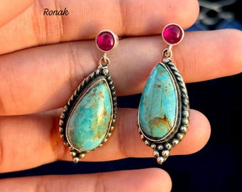 Turquoise & Ruby Stud Earrings: 925 Sterling Silver Pear Shape