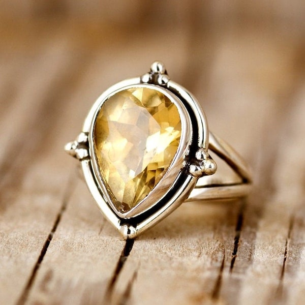 Citrine Teardrop Ring for Women, Sterling Silver Ring, Boho Ring, Natural Genuine Real Yellow Stone Ring, Pear Ring