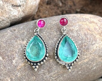 Paraiba Tourmaline & Ruby Earrings: 925 Sterling Silver, Handmade