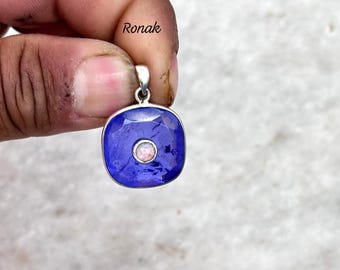 Hanger tanzaniet en opaal: handgemaakte 925 sterlingzilveren kussensieraden