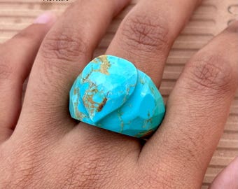 Natural Turquoise Ring / Faceted Fancy Shaped Band / Turquoise Made Ring Band / Christmas  Jewelry / Gift\Beautiful  Jewelry\Blue Gemstone .