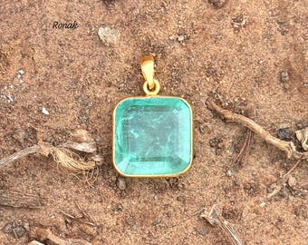 Emerald Pendant: Square Green Gemstone, Gold Plated Sterling Silver