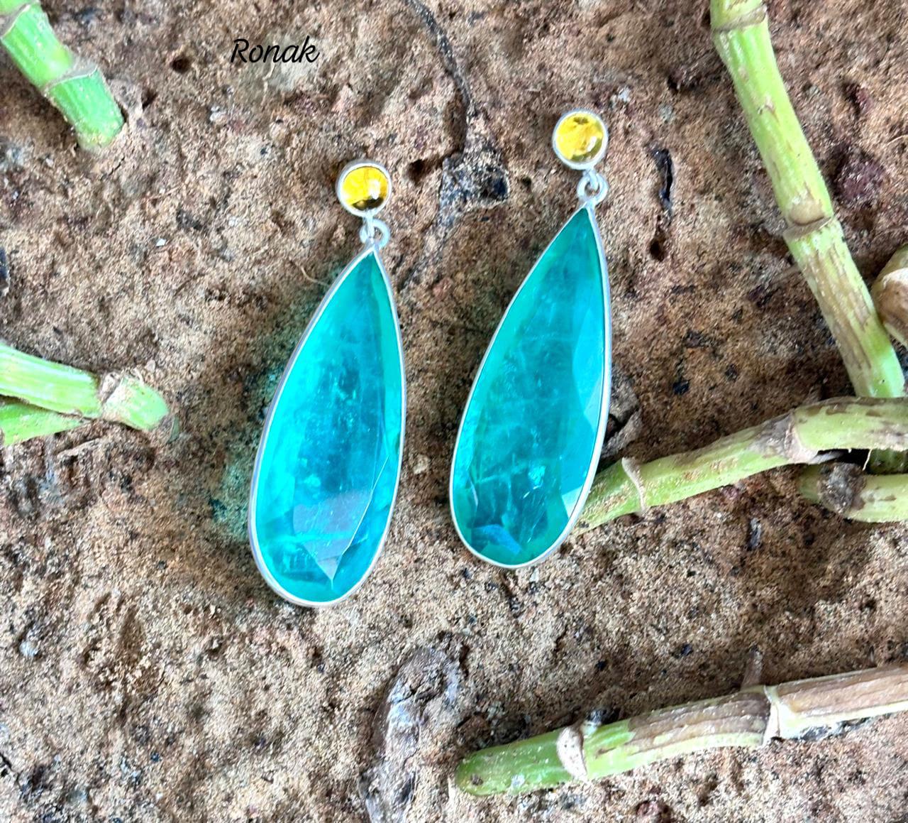Boucles D'oreilles En Argent 925 Avec émeraudes Et Saphirs - Dormeuses - Fait Main - Neuf