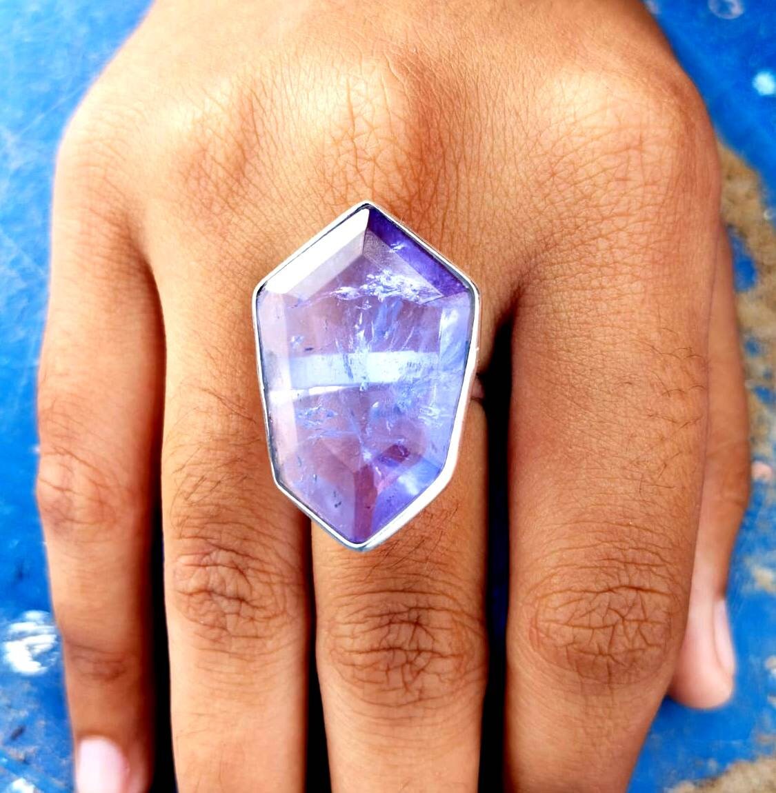 Anello Trillion Tanzanite: Argento Sterling 925, Pietra Preziosa Coltivata In Laboratorio - Italia - Foto 4