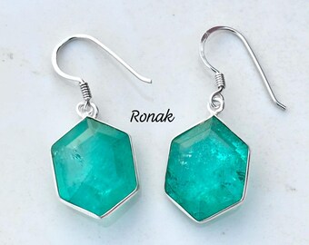 Emerald Hexagon Earrings: 925 Sterling Silver, Handmade Jewelry