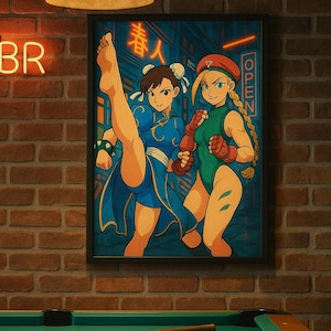 May include: Framed poster featuring two female characters in fighting poses. One is in a blue dress, the other in a green bodysuit. The background has Japanese text and the word "OPEN". The poster is hanging on a brick wall above a pool table.