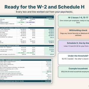 Year-end page with W-2 boxes for each household employee and the Schedule H worksheet line by line