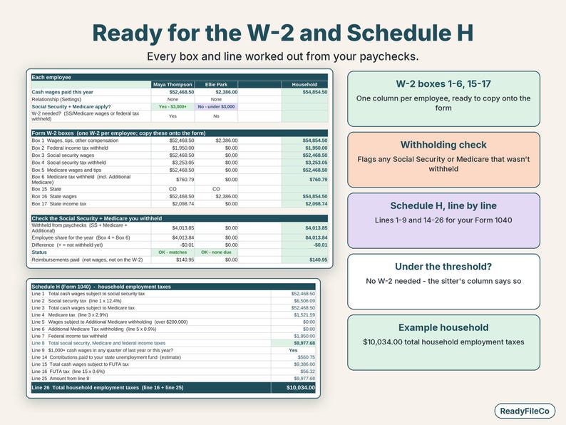 Year-end page with W-2 boxes for each household employee and the Schedule H worksheet line by line