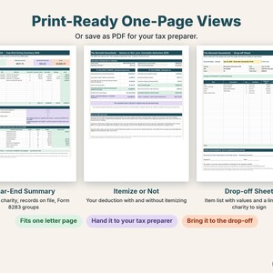 Printable one-page year-end giving summary, itemize or not page and drop-off sheet side by side