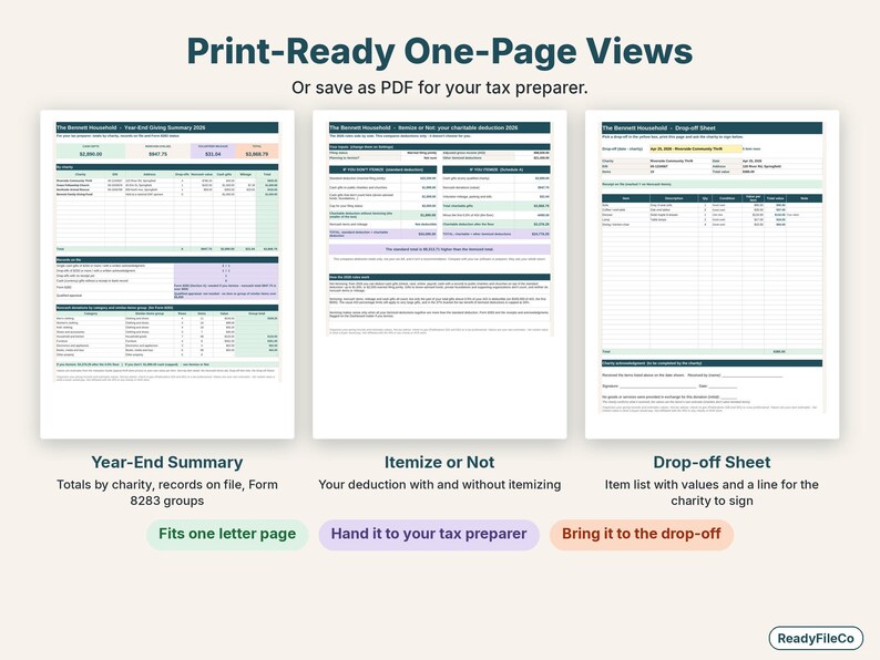 Printable one-page year-end giving summary, itemize or not page and drop-off sheet side by side