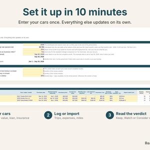 Settings tab with tax year, mileage rate, verdict rules and vehicle details