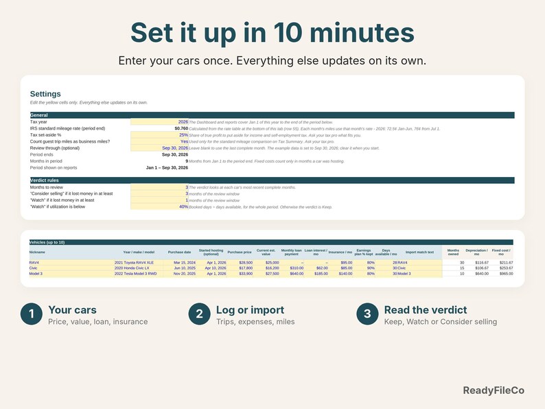 Settings tab with tax year, mileage rate, verdict rules and vehicle details