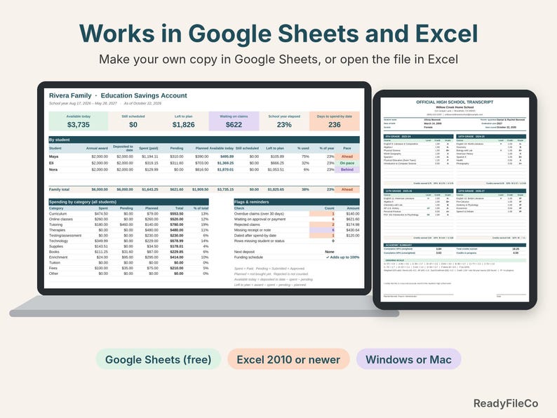 ESA tracker on a laptop and homeschool transcript on a tablet, works in Google Sheets and Excel