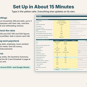 Easy setup in four steps: household and employee settings, tax year rates, log paychecks, print