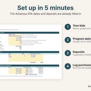Settings tab already set up with Arkansas EFA 2026-27 dates, awards and deposits