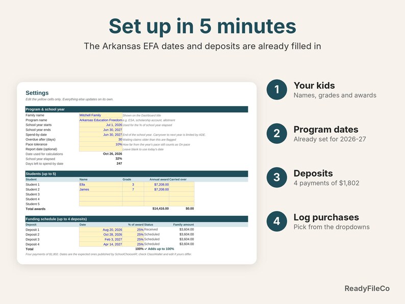 Settings tab already set up with Arkansas EFA 2026-27 dates, awards and deposits