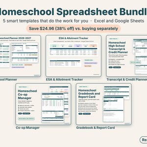 Homeschool spreadsheet bundle with five templates: planner, ESA tracker, transcript, co-op manager and gradebook